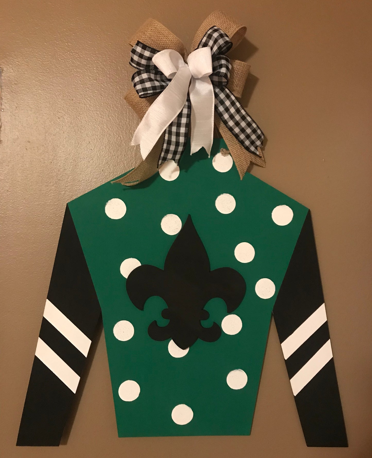 Jockey silk with polka dots on body/fleur de lis /stripes - DRB005