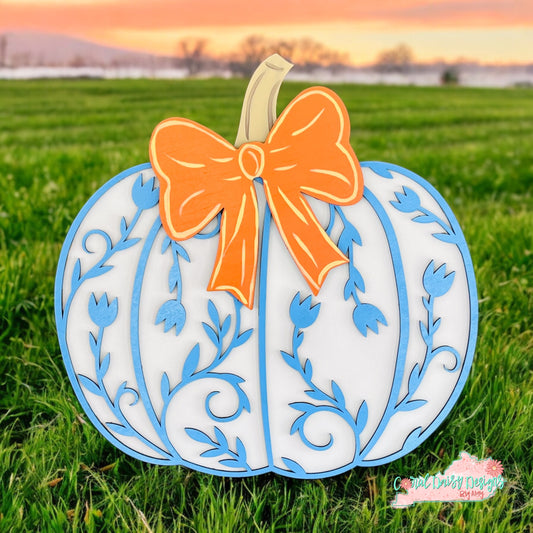 Blue toile pumpkin with wooden bow - FALL048