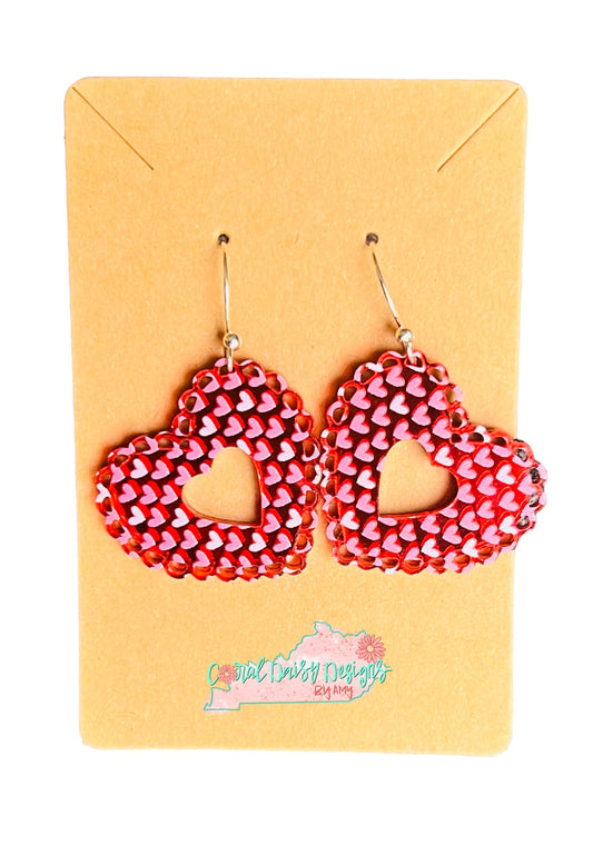 Lacy heart - Red Mirrored scatterd hearts - EAR0006