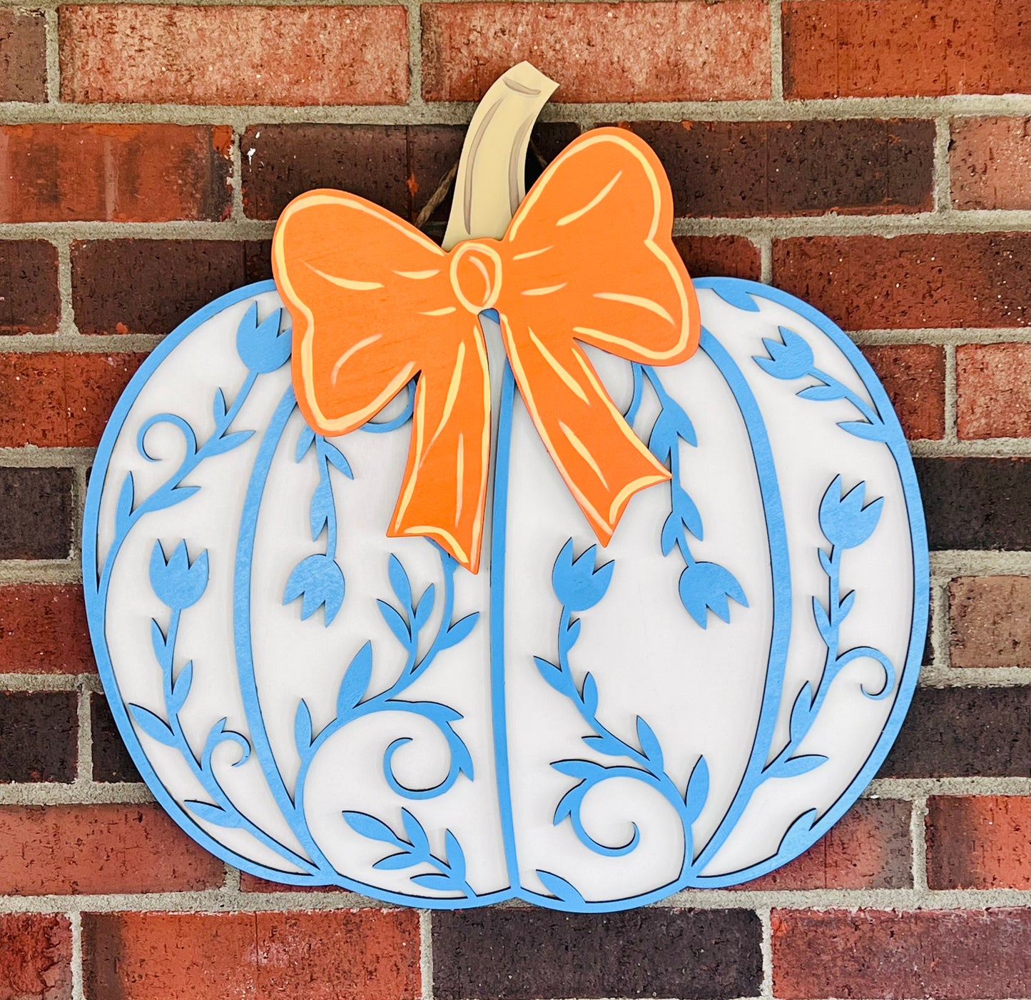 Blue toile pumpkin with wooden bow - FALL048