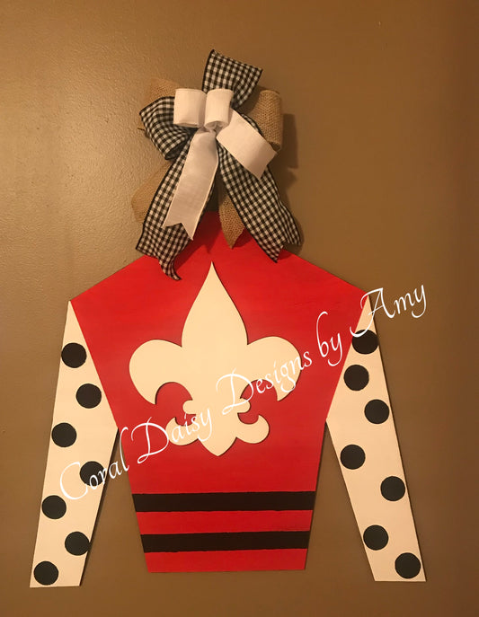 Jockey silk with fluer de lis body/polka dot sleeve/stripes at bottom  - DRB022