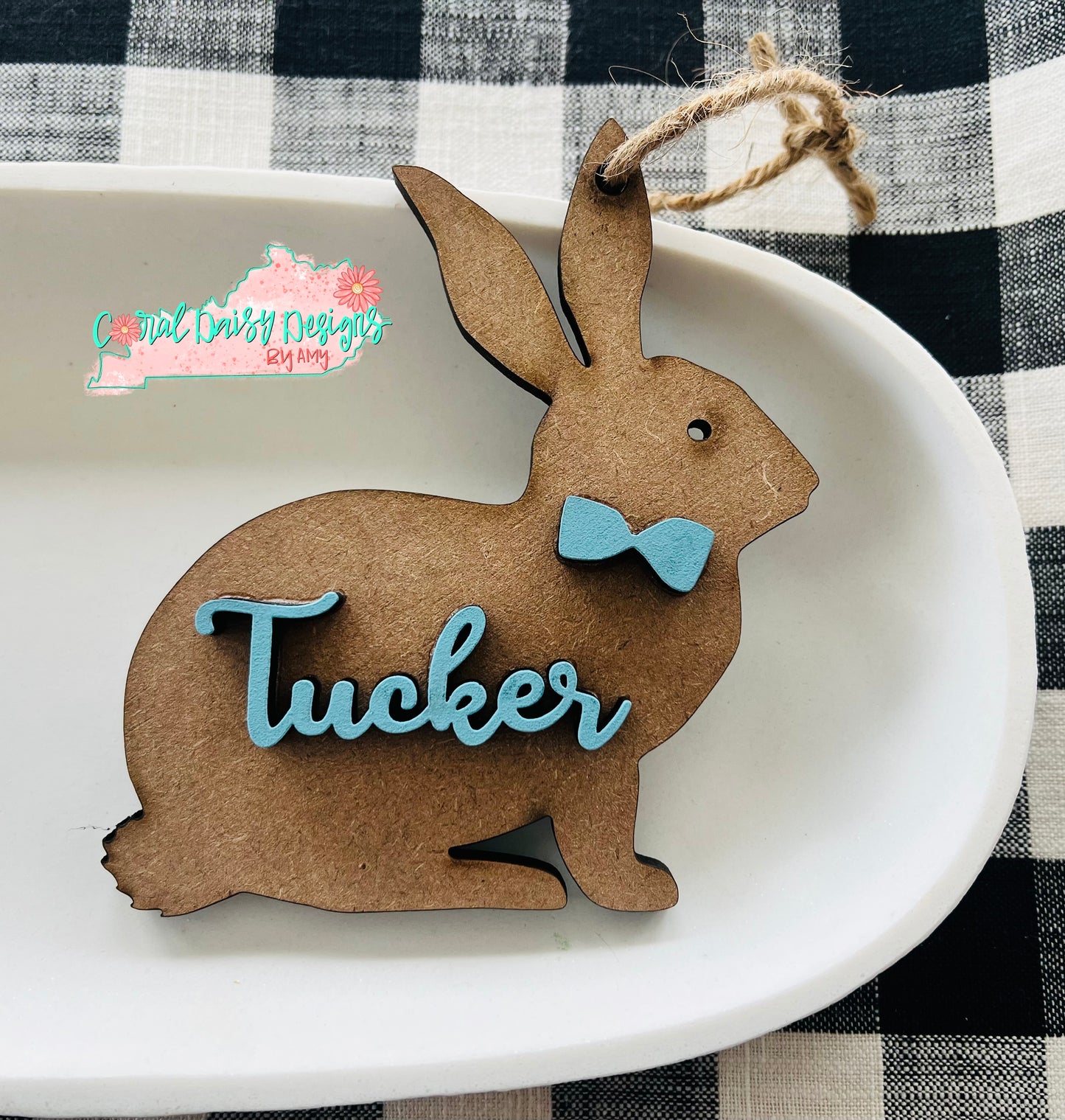 Personalized Natural Wood Easter Basket Name tags with bow - ESTR019